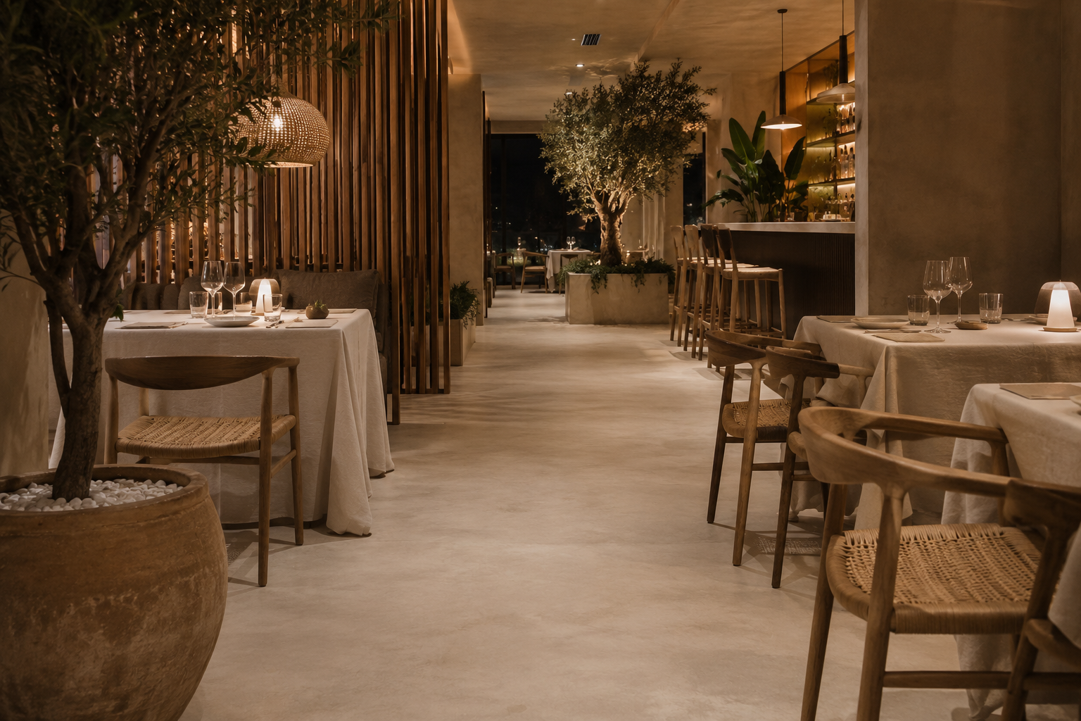 Suelo continuo de microcemento decorativo para restaurante en Estepona